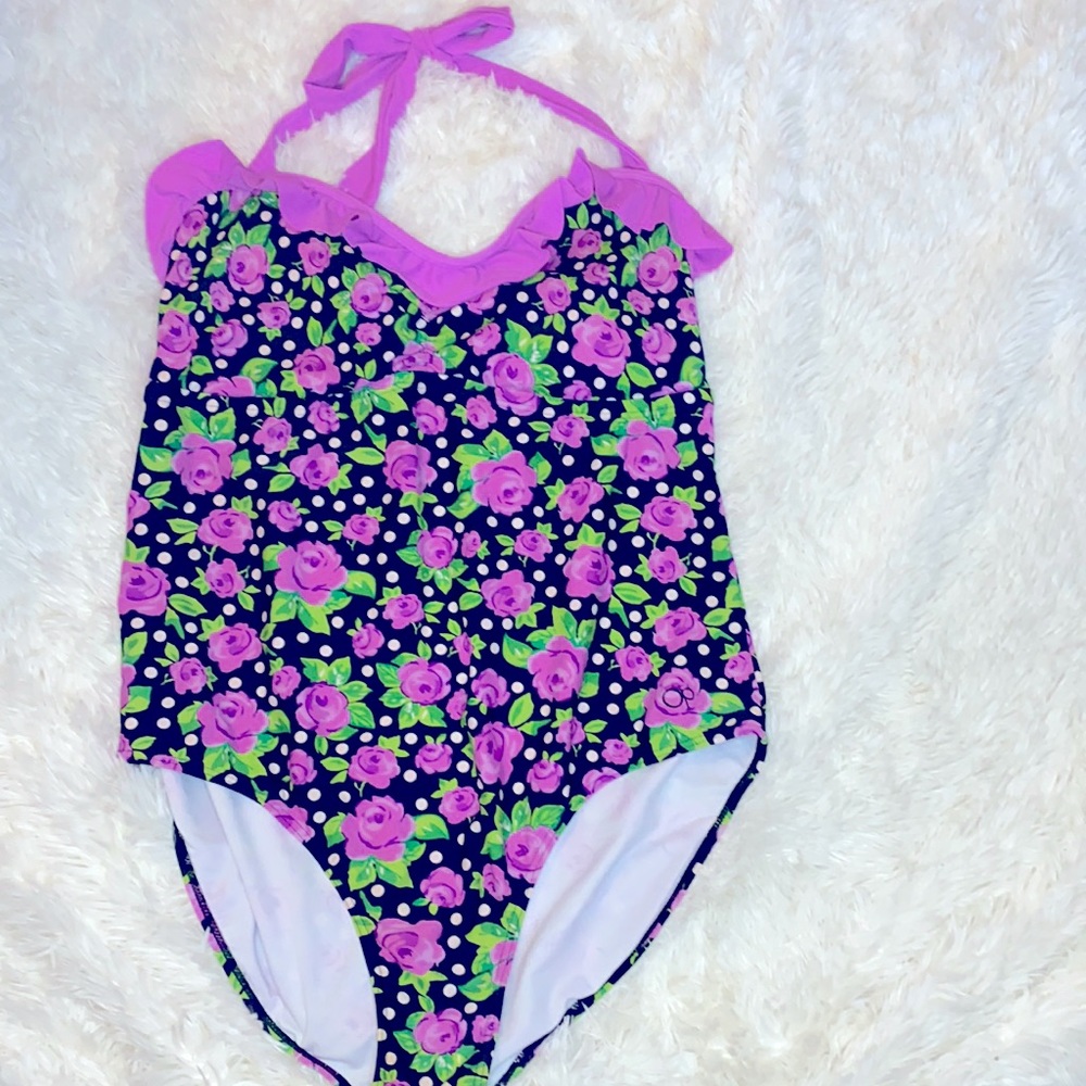 OP Purple Rose Black White Polka Dot One Piece Bathing Suit Size XXL